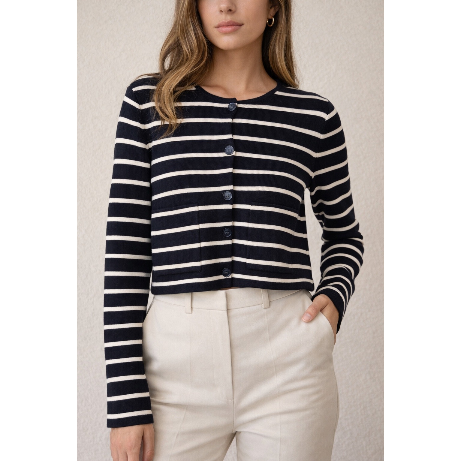 Babaton Navy And Cream Striped Cropped Button Cardigan